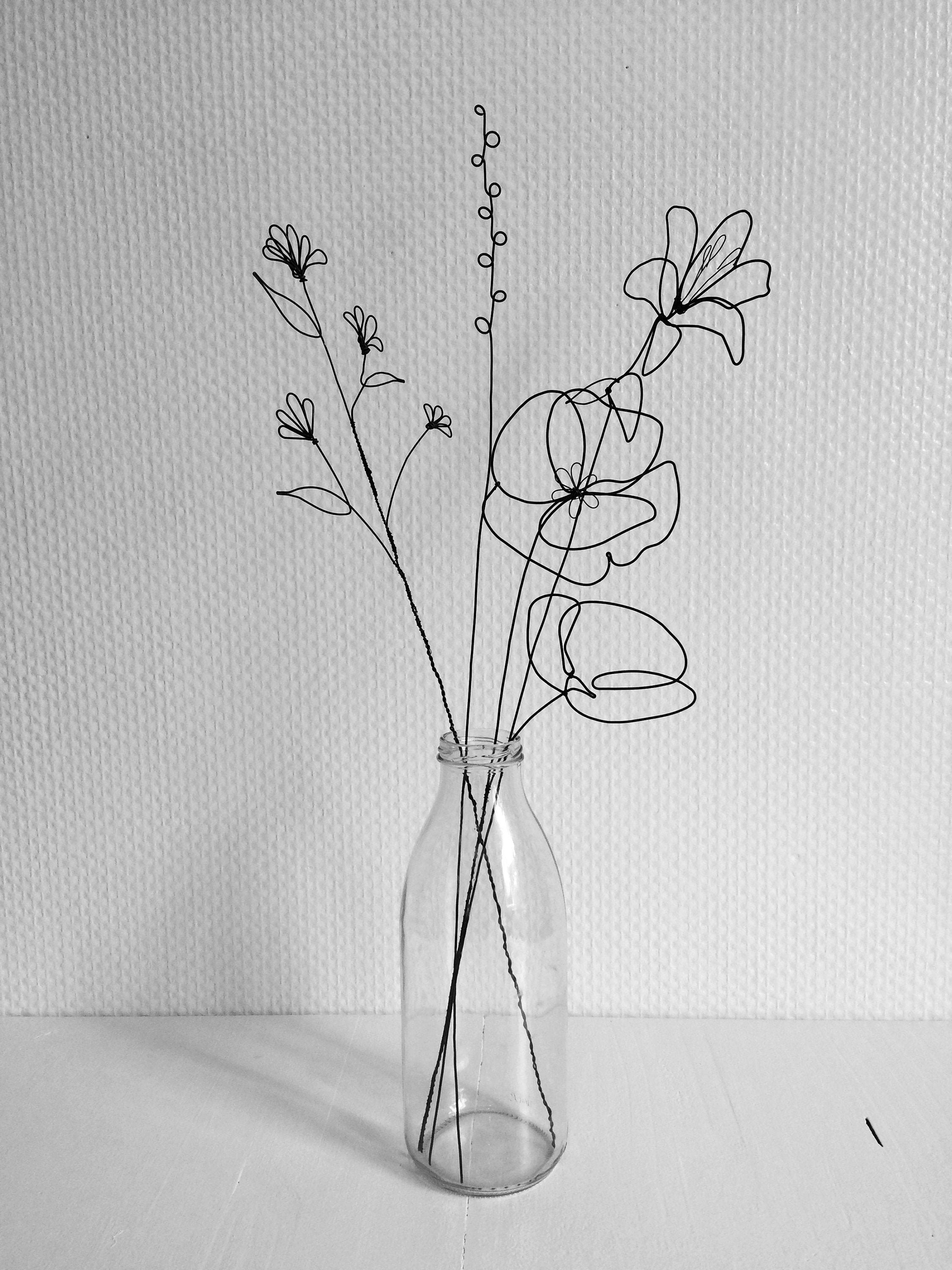 Bouquet de 4 Fleurs en Fil Fer Recuit, Coquelicot et Fleur Des Champs, Décoration Florale Fer, Déco 