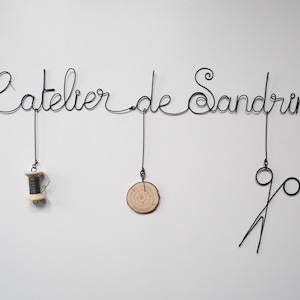 My little customizable workshop and accessories, phrase in annealed wire, wall quote, decoration, door plaque, sewing workshop