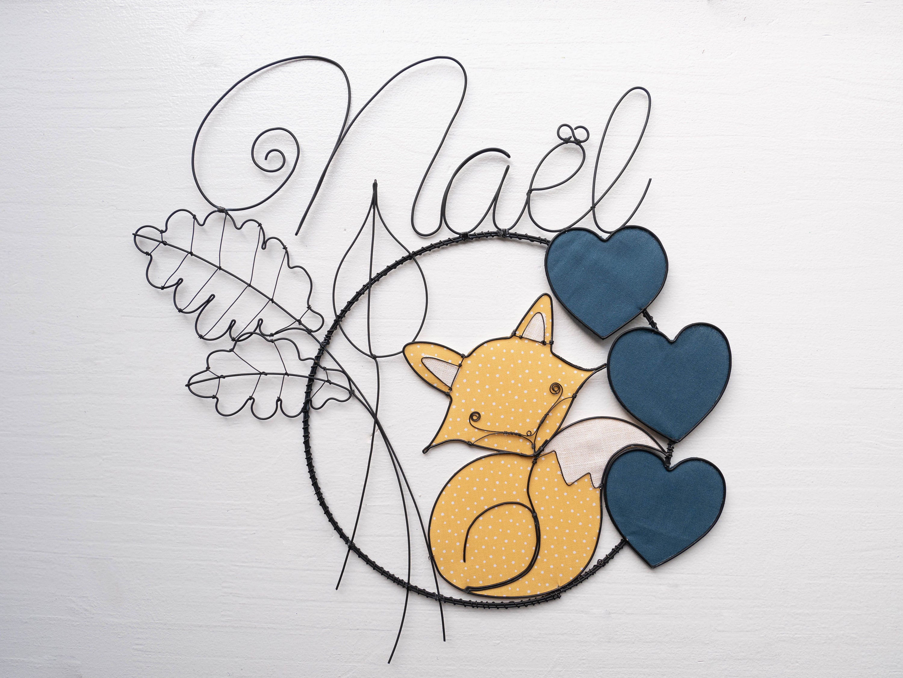 Prénom Fil de Fer, Prénom Personnalisable Renard, Feuille Chêne, Thème Automne, Cadeau Naissance, Pe