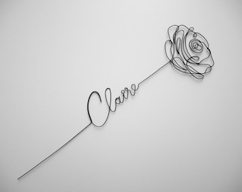 Customizable wire first name, wire flower, pink wall decoration, hanging flower, metal wall decoration, bouquet of flowers