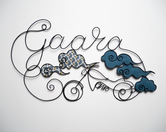 Customizable wire name, Nolan, first name with motorcycle and cloud, baby room decoration, birth gift, baptism gift