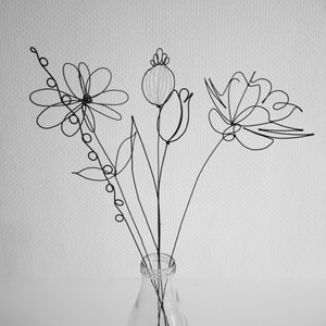 Bouquet of 5 flowers in annealed wire Peony, Daisy, Tulip, Thistle, floral decoration, nature, herbs, seeds, eternal bouquet