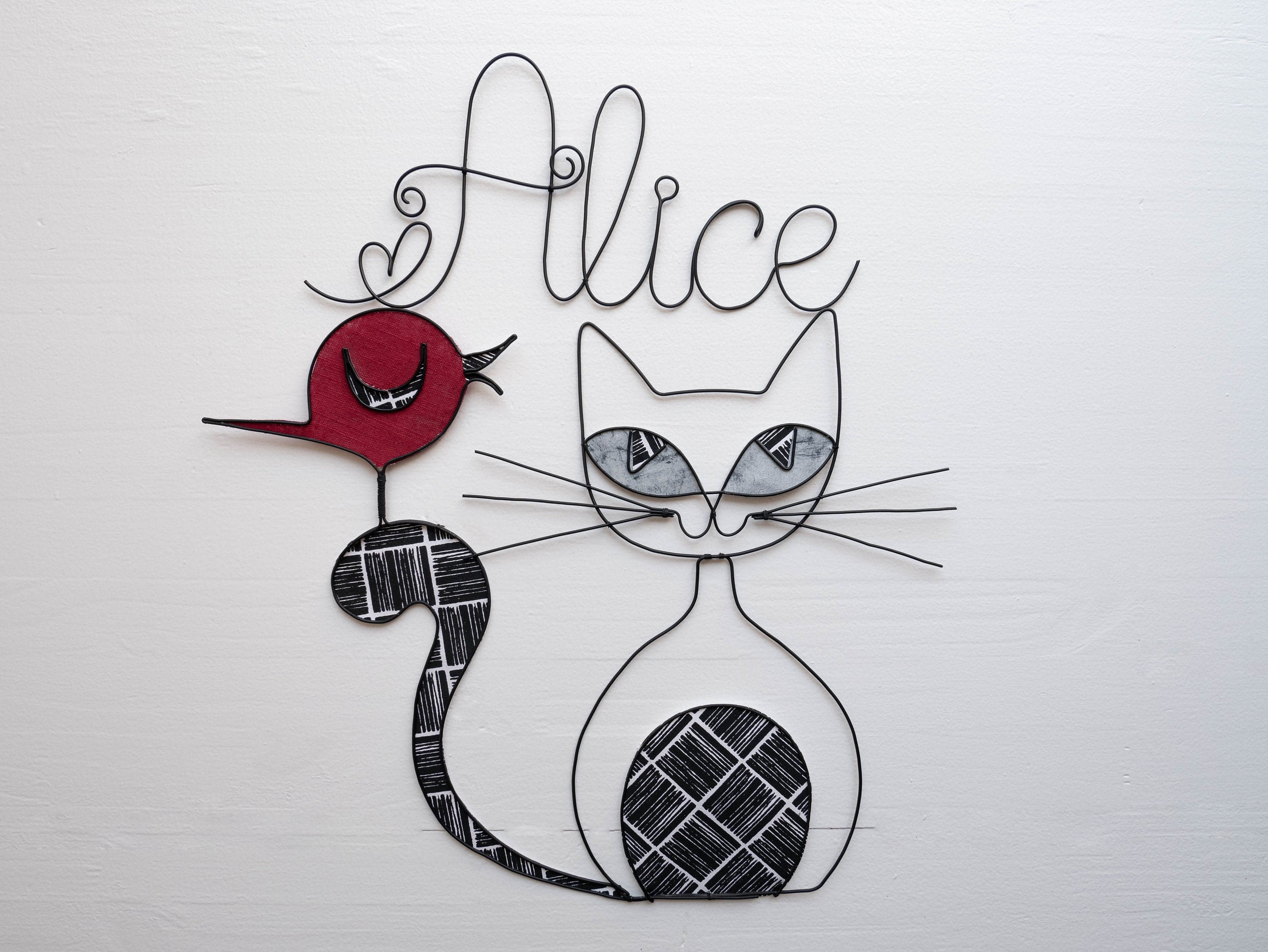 Prénom Personnalisable en Fil de Fer, Alice, Fer Recuit, Chat Noir, Oiseau Métal, Idée Cadeau Naissa