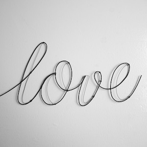 Word LOVE in 3D effect wire, love message, phrase wall writing quote metal sculpture, wall decoration, door plate, metal decoration