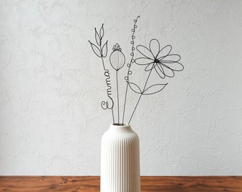 Fleurs en véritable fil de fer, bouquet de fleurs personnalisées, déco de table fil de fer, prénoms personnalisés, garantie à vie, cadeau