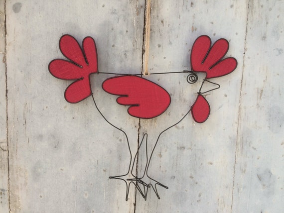 Coq poule décorative à suspendre, décoration murale en fil de fer recuit,  tissu lin rouge, cadeau décoration d'intérieur, nature, poulette -   France