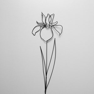 Può includere: Una scultura di filo nero di un fiore di iris con un unico stelo e foglie.