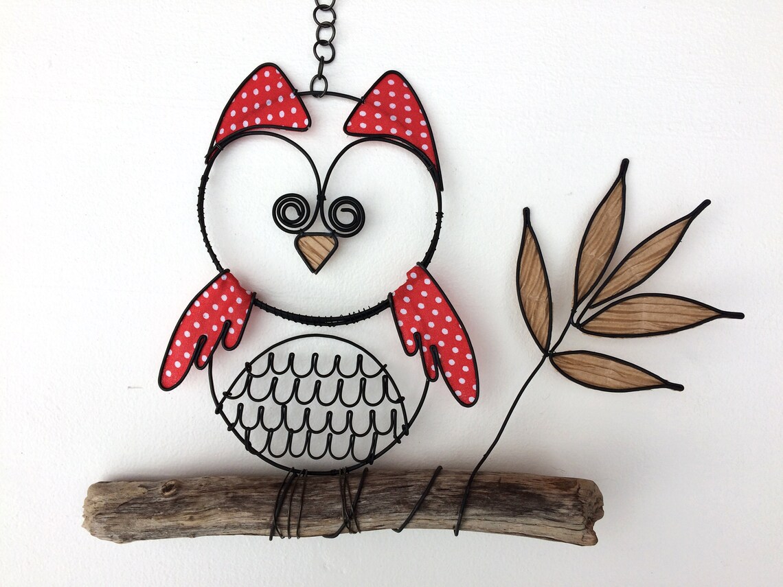Chouette, hibou, oiseau en fil de fer recuit, décoration murale, oiseau métal avec tissu, phrase fil de fer, déco murale bohème, déco nature