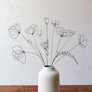 Real wire flowers, bouquet of 9 personalized flowers, wire table decoration, personalized first names, poppy, gift