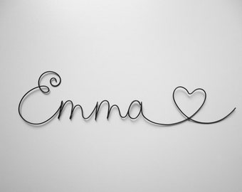 Customizable wire first name, Emma with heart, child first name, child's bedroom wall decoration, birth gift