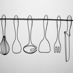 Wall decoration &quot;Kitchen utensils set&quot; real annealed wire, Restaurant, kitchen wall decoration, wire sculpture