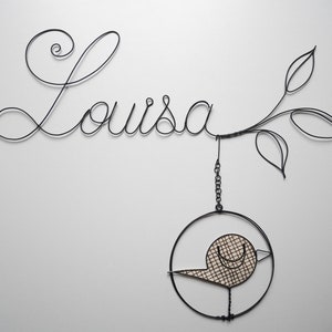 Nome in filo metallico, nome personalizzabile, nome del bambino, uccello e fiore di carta, decorazione da parete, regalo di nascita, targa per porta