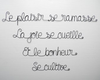 Citation murale en fil de fer, le plaisir se ramasse, Bouddha, phrase fil de fer, citation fil de fer, décoration murale fil de fer