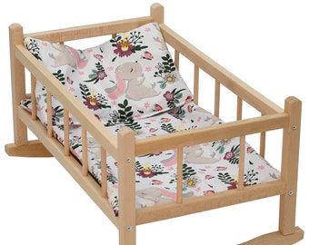 Large Wooden Rocking Bed Cot Crib Dolls and Bedding Set - bunny, lavender, roses, sleepy toys, dots