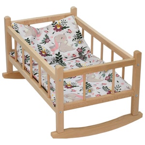 Large Wooden Rocking Bed Cot Crib Dolls and Bedding Set - bunny, lavender, roses, sleepy toys, dots
