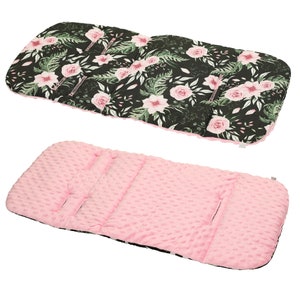 Deeply padded pram liner. Beautiful cotton print, reversible and comfy. Black pink roses.