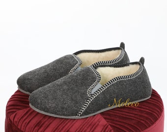 Handmade Breathable Loafer Slippers - 100% Natural Felted Wool - Mens - dark grey