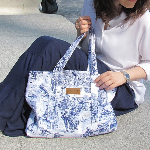 Sac cabas Toile de Jouy, en pur coton, Made in Italy.