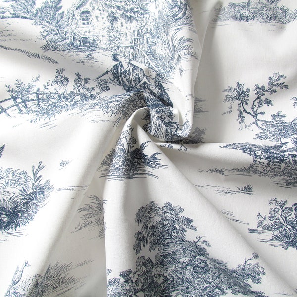 Toile de jouy en pur coton avec imprimé bleu sur fond blanc naturel. Tissu en coton pour accessoires de mode et de maison.