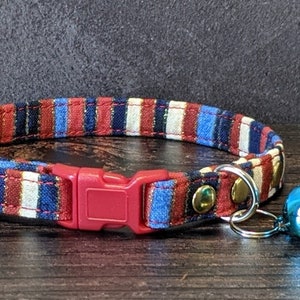Patriot Cat Collar w/ Break-Away Clasp + Bell Options. Fabric in Red/White/Blue. Perfect Gift for Cat Lover. 4th of July Striped Flag Kitten