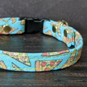 Pizza Cat Collar w/ Break-Away Clasp + Bell Options. Fabric in Teal. Perfect Gift for Cat Lovers. Cute Pepperoni Pizzeria Kitten Collar. USA