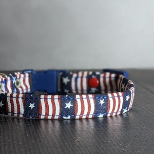 Stars and Stripes Cat Collar w/ Break-Away Clasp + Bell Options. Fabric in Red/White/Blue. Gift for Kitten Lovers. 4th of July Patriotic USA
