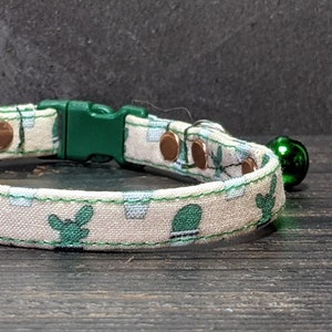 Cacti Cat Collar w/ Break-Away Clasp + Bell Options. Fabric in Tan/Green. Perfect Gift for Cat Lovers. Desert Cactus Southern Kitten Collar.