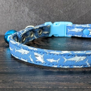 Shark Cat Collar w/ Break-Away Clasp + Bell Options. Fabric in Blue. Perfect Gift for Cat Lovers. Ocean Great White Fish Kitten Collar. USA