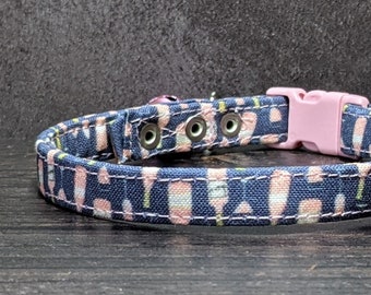 Champagne Cat Collar w/ Break-Away Clasp + Bell Options. Fabric in Navy. Perfect Gift for Cat Lover. New Years Pink Flute Wine Bubbly Kitten