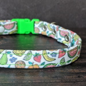 Fruit Cat Collar w/ Break-Away Clasp + Bell Options. Fabric in White. Gift for Cat Lovers. Watermelon Banana Pear Cherry Strawberry Kitten