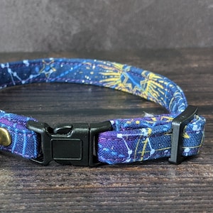 Astronomer Cat Collar w/ Break-Away Clasp + Bell Options. Fabric in Purple/Blue. Gift for Cat Lover Cosmos Star Moon Galaxy Celestial Kitten