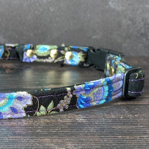 Kimono Cat Collar w/ Break-Away Clasp + Bell Options. Fabric in Black/Blue/Purple. Perfect Gift for Cat Lovers. Japanese Kitten Collar. USA