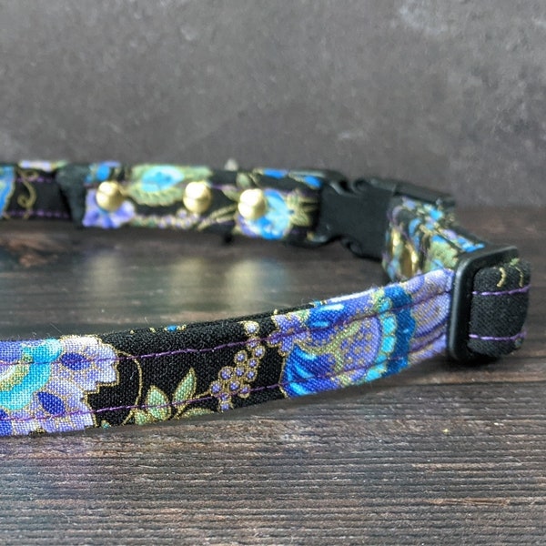 Kimono Cat Collar w/ Break-Away Clasp + Bell Options. Fabric in Black/Blue/Purple. Perfect Gift for Cat Lovers. Japanese Kitten Collar. USA