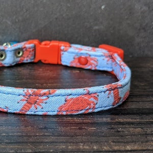 Lobsters & Crabs Cat Collar w/ Break-Away Clasp + Bell Options. Fabric in Blue/Red. Perfect Gift for Cat Lovers. Cute Seafood Collar. USA