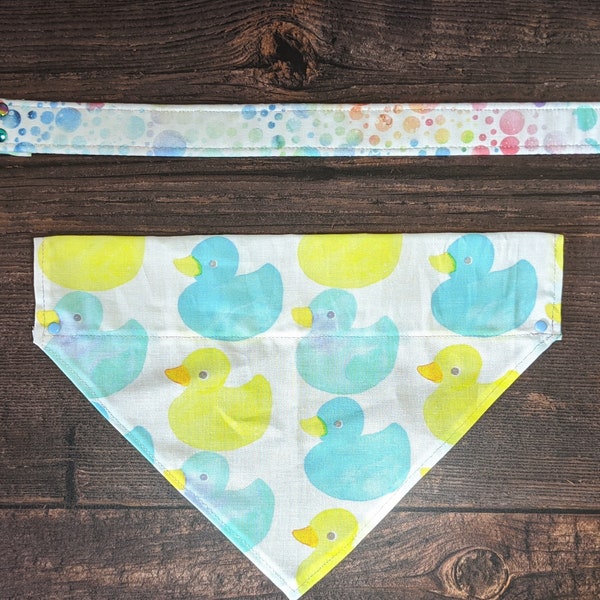 Bubbles Collar + Duckies Bandana Set | Watercolor Rubber Duck Slide-On Bandana | Rainbow Bath Soap Dog Collar | Fabric Adjustable Collar
