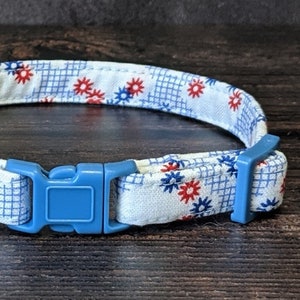Picnic Cat Collar w/ Break-Away Clasp + Bell Options. Fabric in Red/White/Blue. Perfect Gift for Cat Lovers. Patriotic Summer Kitten USA