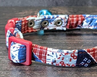 Patriot Cat Collar w/ Break-Away Clasp + Bell Options. Fabric in Red/White/Blue. Perfect Gift for Cat Lovers. Farmhouse Country Kitten. USA