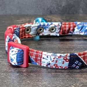 Patriot Cat Collar w/ Break-Away Clasp + Bell Options. Fabric in Red/White/Blue. Perfect Gift for Cat Lovers. Farmhouse Country Kitten. USA