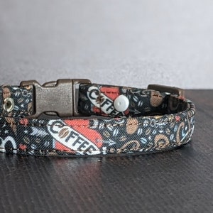 Coffee Cat Collar w/ Break-Away Clasp + Bell Options. Fabric in Black. Perfect Gift for Cat Lovers. Hot Ground Espresso Kitten Collar. USA