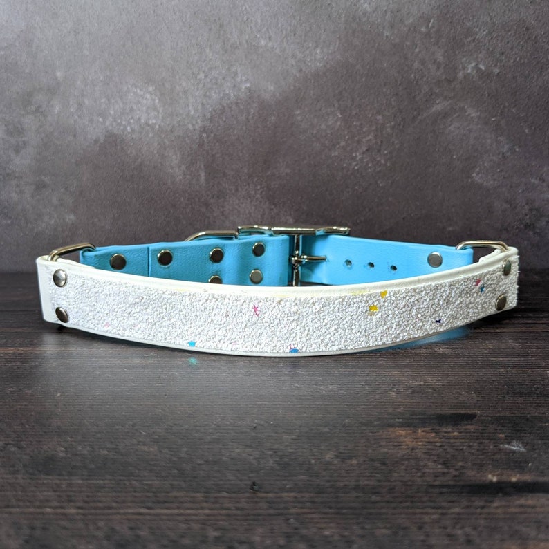 Limited Slip Collar Dog Lover Metal Hardware Glitter Adjustable Sky Blue /& White Glitter with Color Specks Biothane Dog Collar