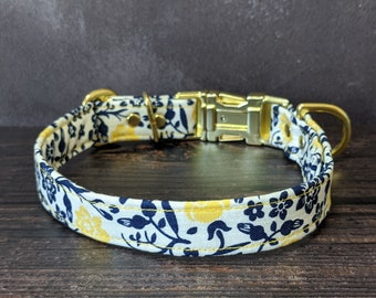 Blue & Yellow Dog Collar | Adjustable | Martingale Option | Fabric Collar | Gift for Dog Lovers | Floral Collar | Creme | Navy Collar | US