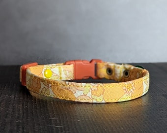 Yellow Blossoms Cat Collar w/ Break-Away Clasp + Bell Options. Fabric in Orange. Perfect Gift for Cat Lovers. Floral Flower Kitten Collar.