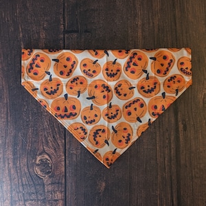 Jack-O-Lantern Dog Bandana. Halloween Pumpkins on fabric. Gift for Dog Lovers. Spooky Scary Carved Squash Farm Autumn Fall. USA Made