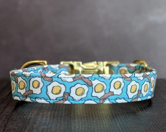 Eggs & Bacon Dog Collar Ready to Ship. Small w/ Gold Metal Buckle. Morning Breakfast Brunch Food on Blue Fabric. Gift for Dog Lovers. USA