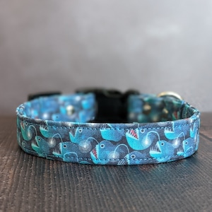 Ocean Deeps Dog Collar | Blue | Anglerfish Dog Collar | Gift for Dog Lover | Bioluminescent Fish | Adjustable | Martingale Option | Fabric