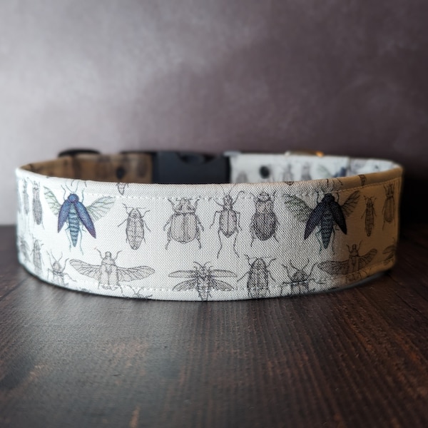 Beetle Dog Collar w/ Martingale and Matching Set Options. Fabric in White. Gift for Dog Lover. Bug Aphid Dragonflly Moth Insect Dog Collar