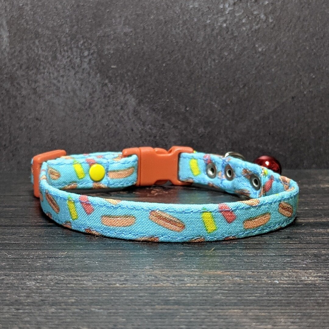 Hotdog Cat Collar W/ Breakaway Clasp Bell Options. Fabric in Teal