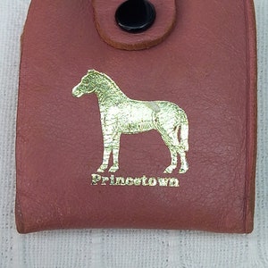 May include: A pink leather wallet with a gold horse and the word "Princeton" printed on it. The wallet has a black button closure.