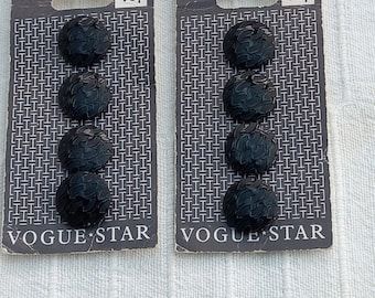 Two cards of round black plastic shank buttons. Vogue Star Italian collection. 773. Eight buttons. 1.6 cm diameter. Excellent condition.