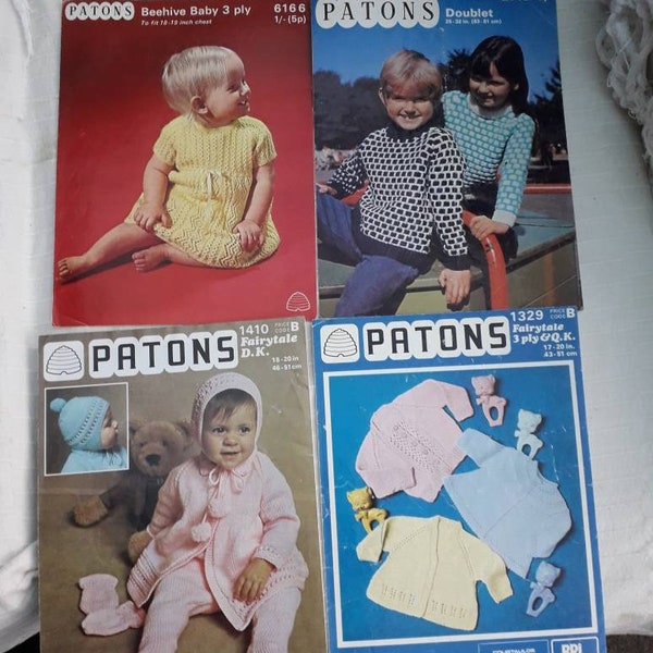 Four vintage/retro Patons knitting patterns. 1970's. Baby & children. Dress, chunky sweater, matinee coat, cardigan and pram set and bonnet.